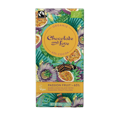 Dark chocolate with passion fruit filling 65%, organic