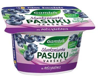 Varškė GAMTOS, 2%, pasukų, be laktozės, su mėlynėmis, 130 g