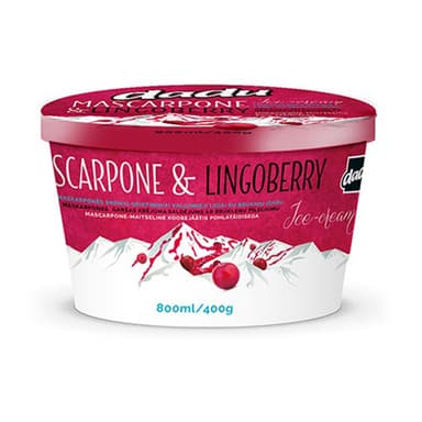 Maskarponės skonio grietininiai ledai DADU, su bruknių įdaru, 800ml/ 440 g