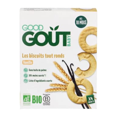Round vanilla-flavored cookies, suitable for 10 months and up, organic