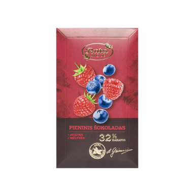 Milk chocolate RŪTA with raspberries and blueberries, 90 g