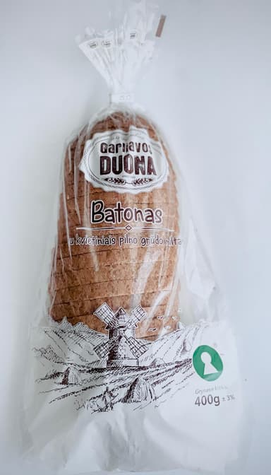Batonas su pilno grūdo kvietiniais miltais, raikytas 400g(M)
