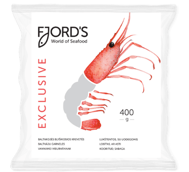 Šaldytos baltakojės blyškiosios krevetės FJORD'S, nevirtos, lukštentos, su uodegomis, 16/20, 400g