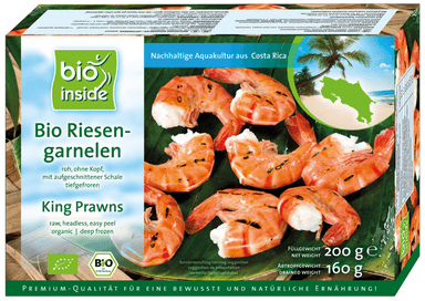 Royal white-leg shrimp without heads, frozen, organic