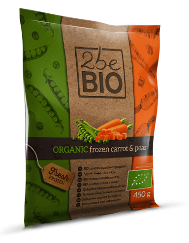 Ekologiškos šaldytos morkos ir žirneliai 2beBIO, 450 g, LT-EKO-001
