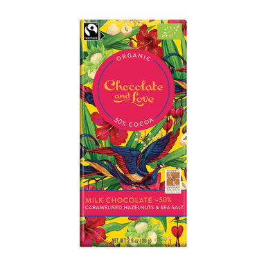 Milk chocolate with caramelized hazelnuts and sea salt, 50%, organic