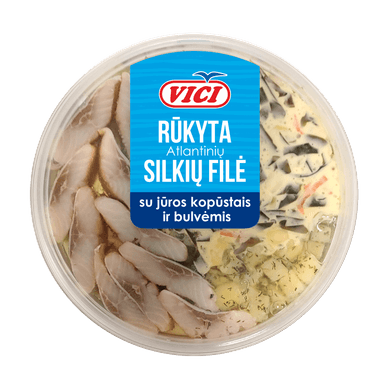 Rūkyti silkių gabaliukai su jūros kopūstais, garstyčiom ir bulvėm, 200 g