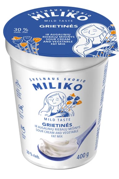 Grietinės ir augalinių riebalų mišinys MILIKO, 30%r., 400g, plastikinis indelis