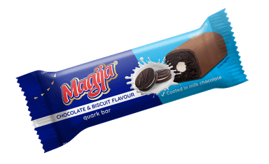 Varškės sūrelis "Magija" su sausainio skonio įdaru aplietas pienišku šokoladu, 21.6% rieb., 40g