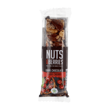 Batonėlis su juoduoju šokoladu ir vyšniomis, ekologiškas