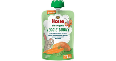 Morkų, saldžiųjų bulvių ir žirnelių tyrelė VEGGIE BUNNY, kūdikiams nuo 6 mėn., biodinaminė