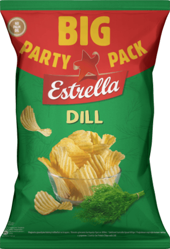 Vingiuoto pjaustymo bulvių traškučiai ESTRELLA su krapais, 250 g