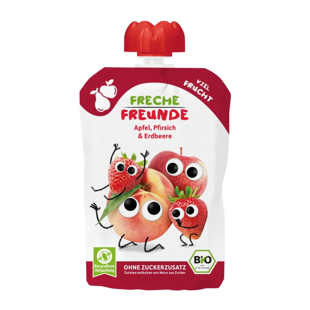 Obuolių, persikų ir braškių tyrelė, nuo 6 mėn., ekologiška