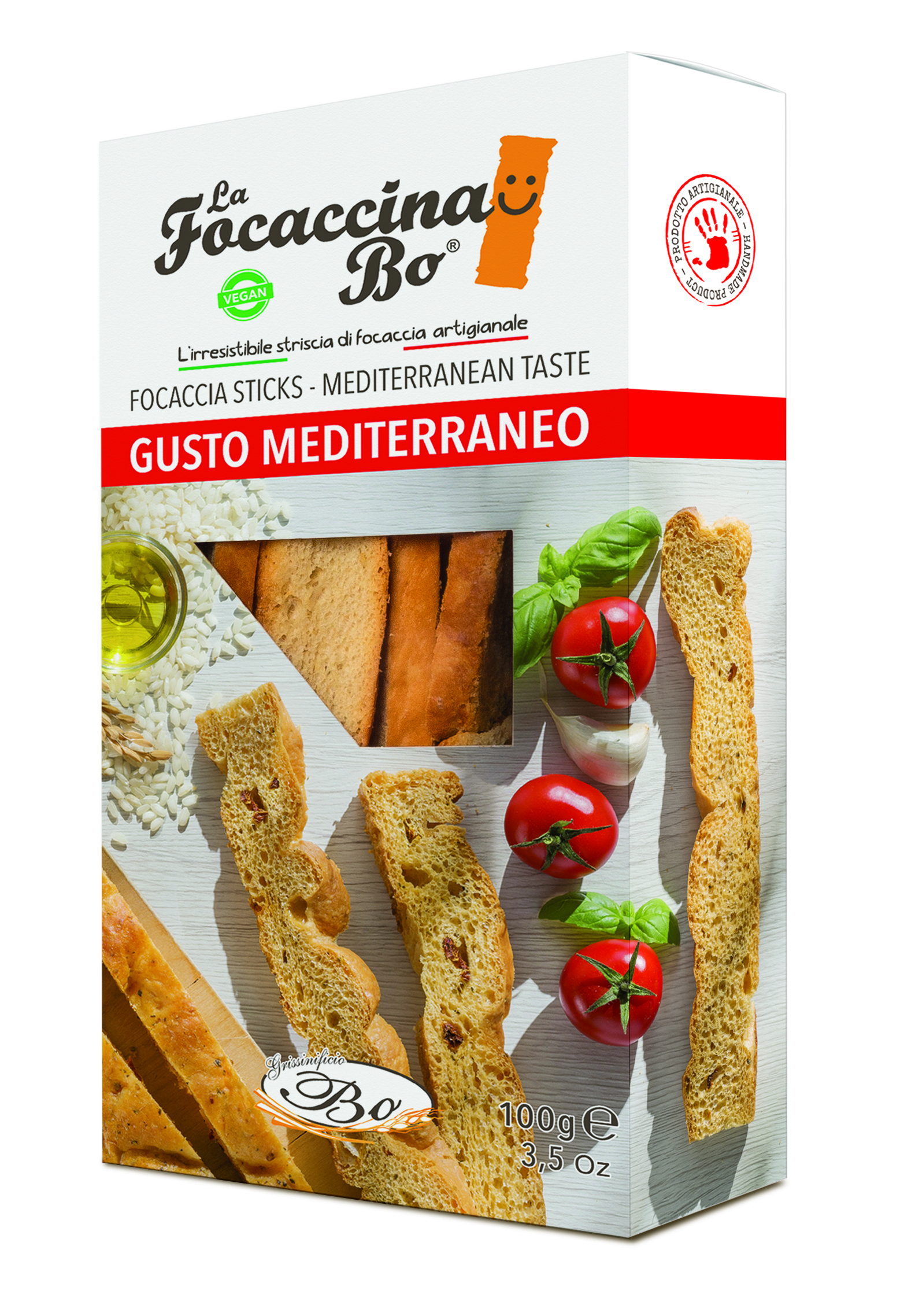 Breadsticks FOCACCINA, Gusto Mediterraneo, with tomatoes, herbs, 100 g