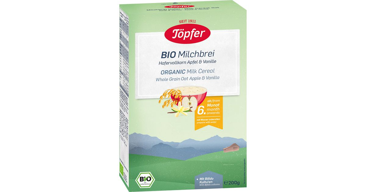 Creamy oatmeal porridge with apples and vanilla for babies from 6 months, organic