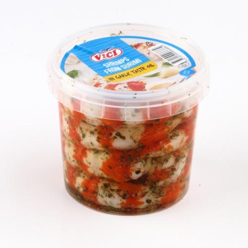 Didžiosios surimi krevetės VIČI česnakų skonio aliejuje, 320g