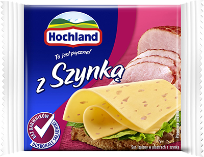 Lydytas sūris HOCHLAND, su kumpiu, riekelėmis, 130 g