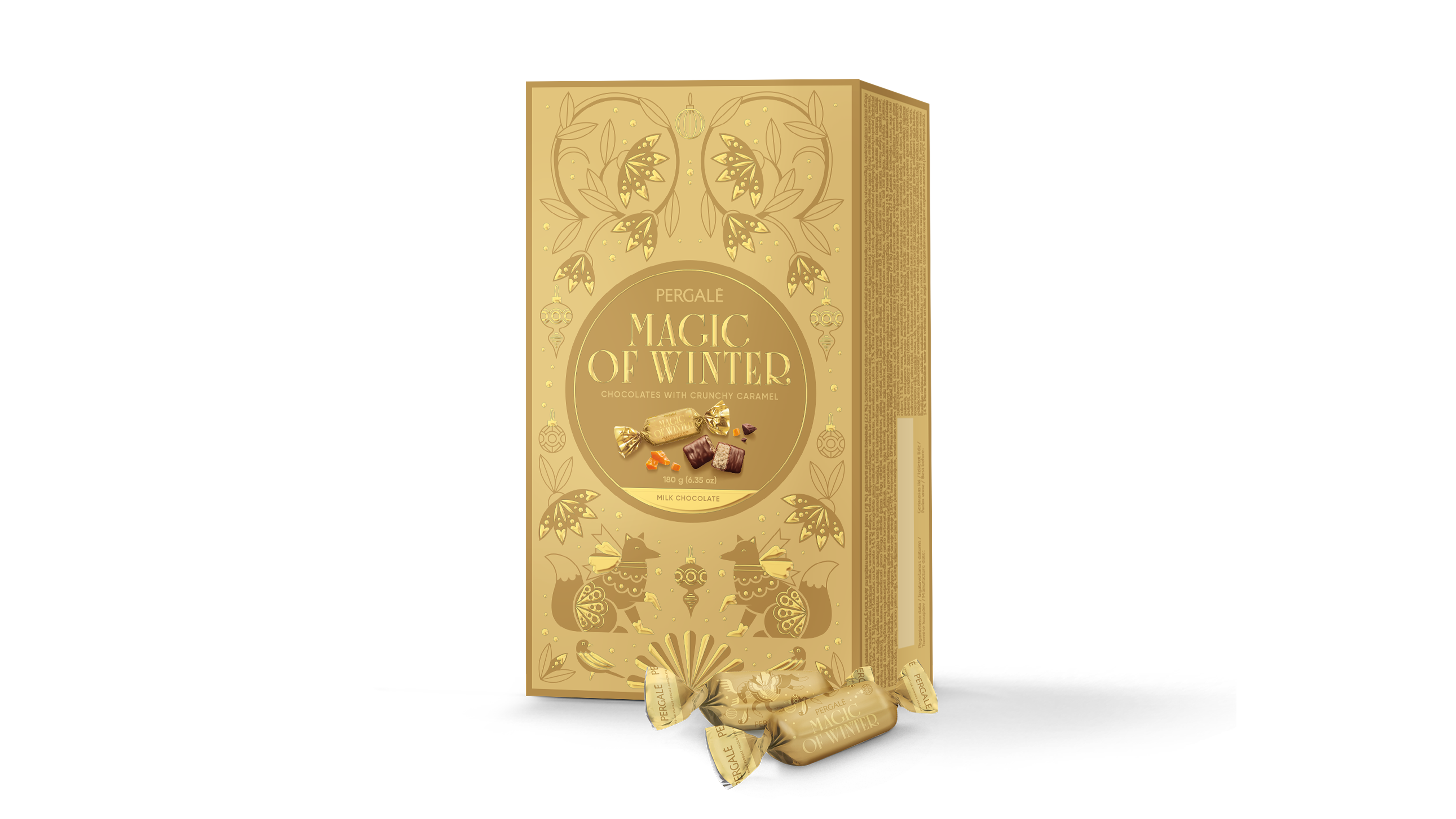 Saldainių dėžutė PERGALĖ MAGIC OF WINTER, su traškiu karameliniu įdaru, 180 g