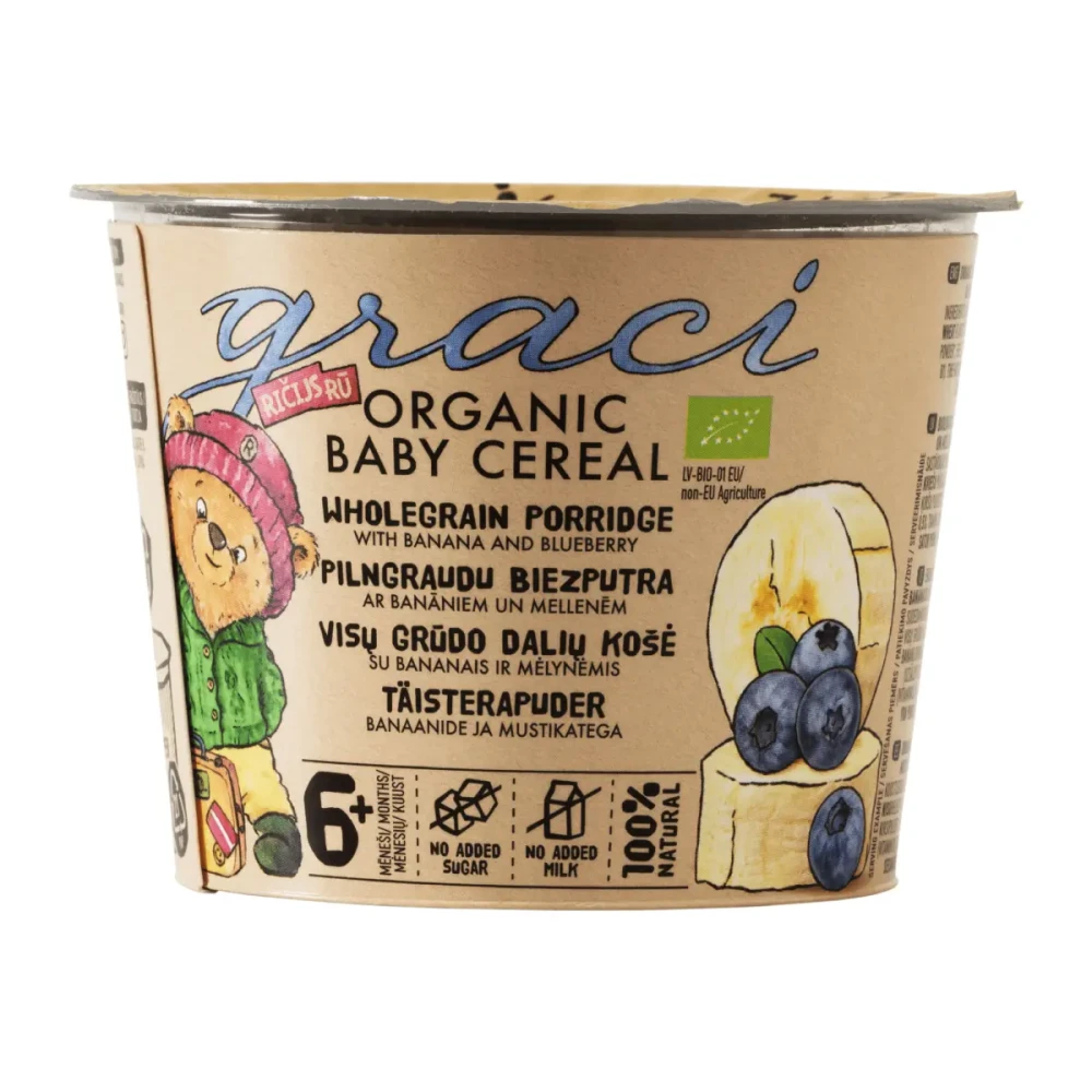 Pilno grūdo  košė su bananais ir mėlynėmis, nuo 6 mėn., ekologiška