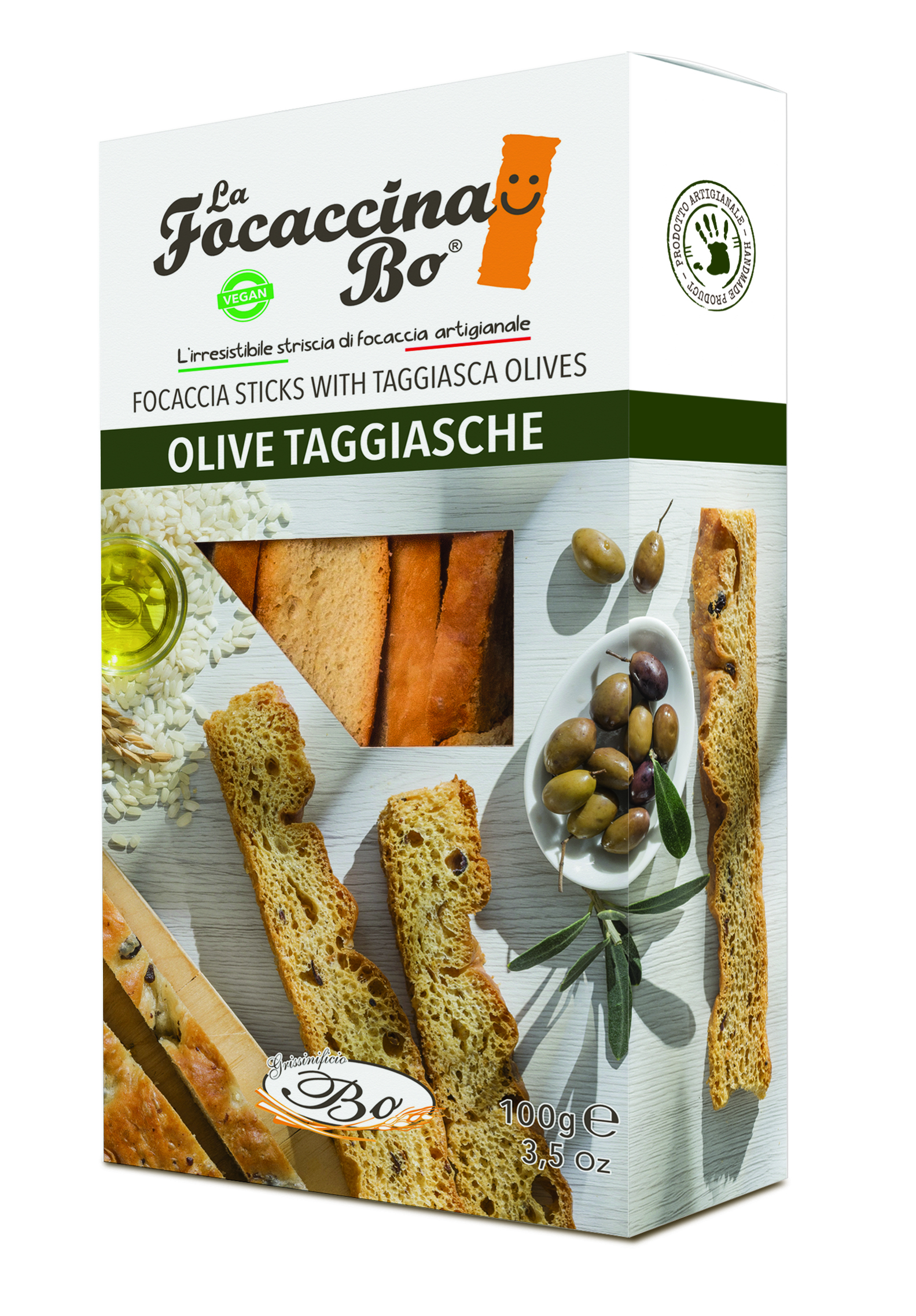 Bread sticks FOCACCINA, Olive Taggiasche, with olives, rice oil, 100 g