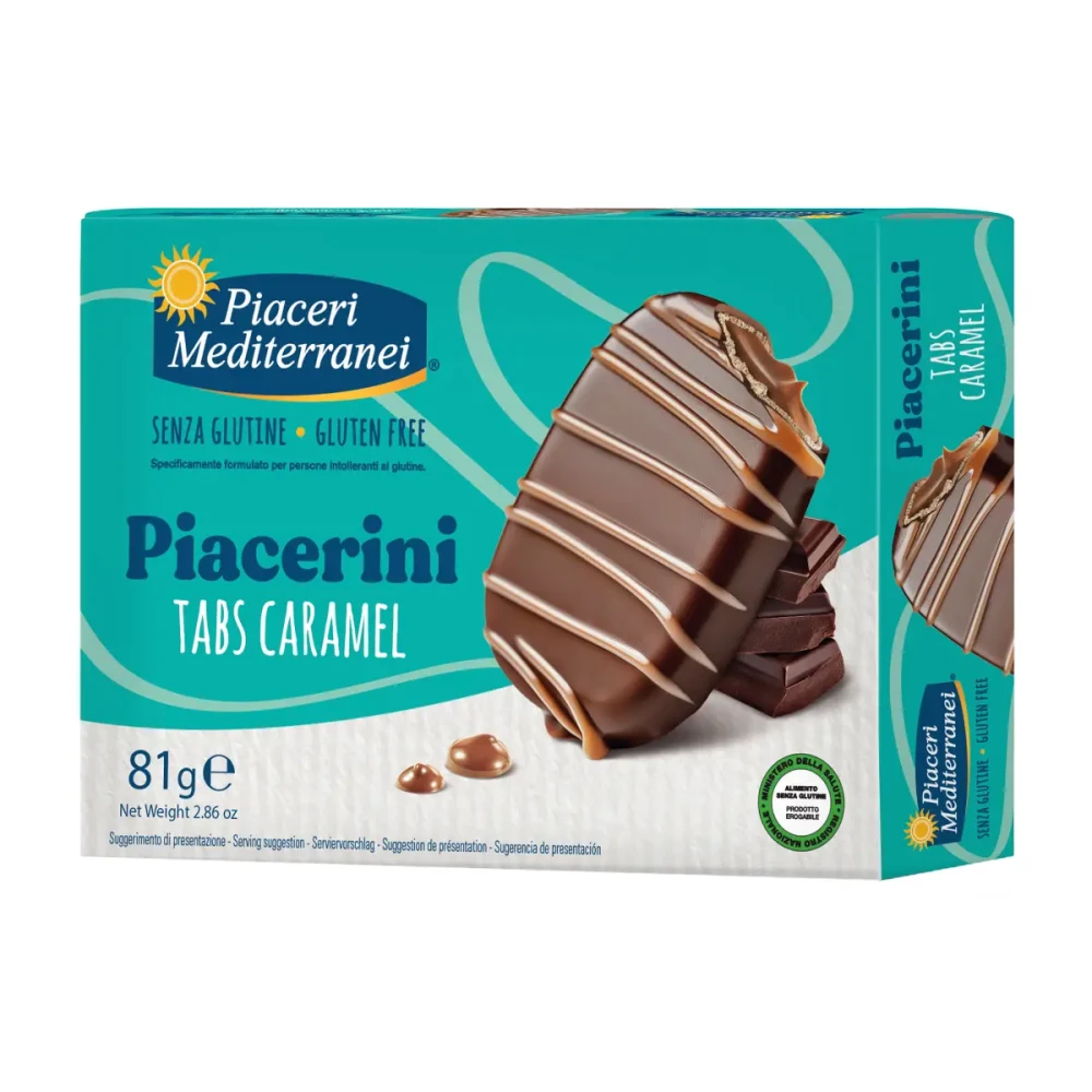 Sausainiai su įdaru PIACERINI TABS CARAMEL, be glitimo