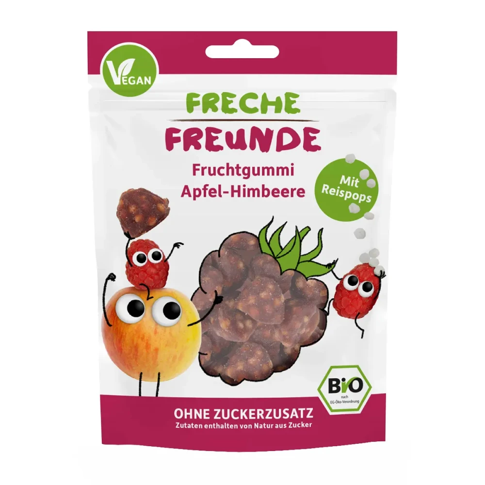 Organic gummy candies with apples, raspberries, and rice crisps