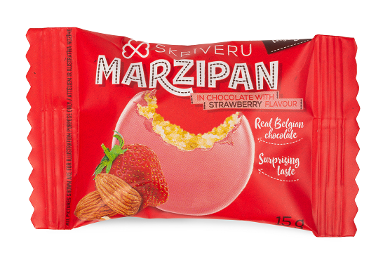 Marzipan candies with strawberry-flavored white chocolate