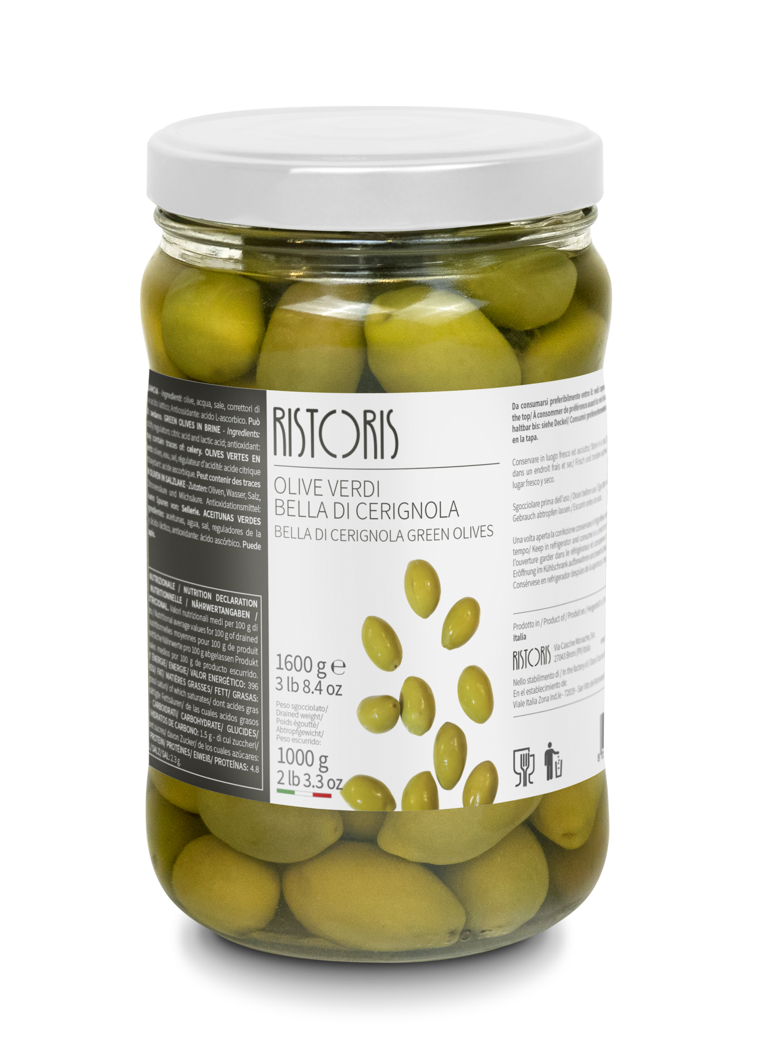 Large green olives RISTORIS, Bella di Cerignola, pitted, 1.65 kg