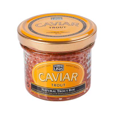 Natūralūs upėtakių ikrai stikle SUDRABLINIS, 100g