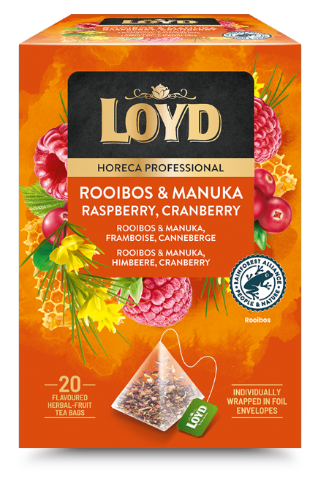 Herbal tea drink LOYD Rooibos with manuka honey, raspberry and cranberry, pyramid, 20 x 2g