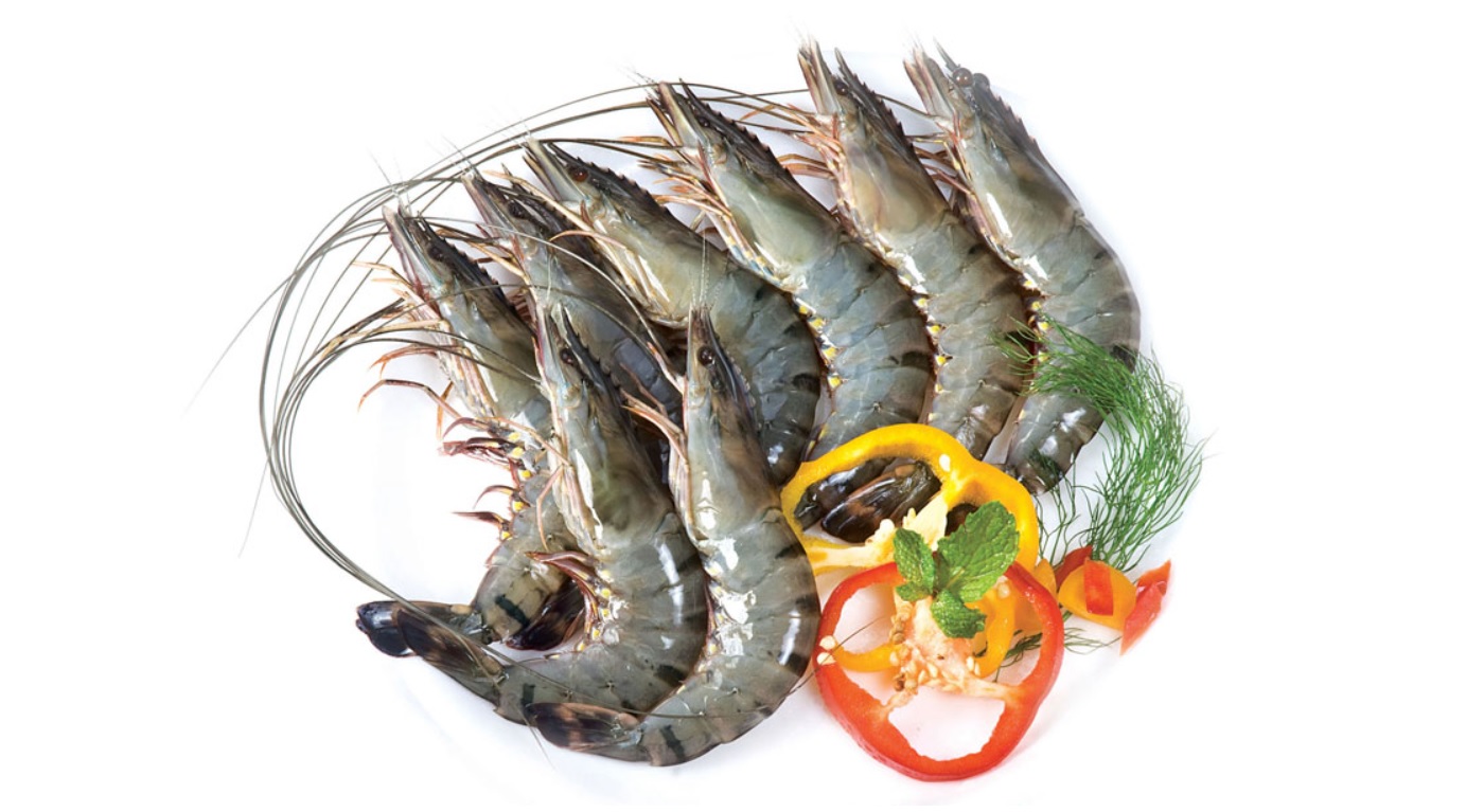 Black tiger prawns, head on, shell on, raw, 21/30, 20% glaze,