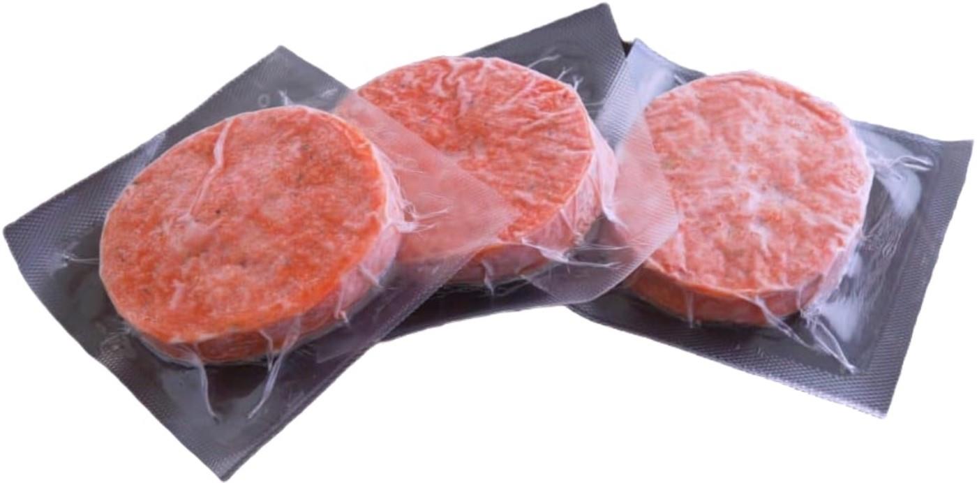 Frozen raw salmon burger, 100 g
