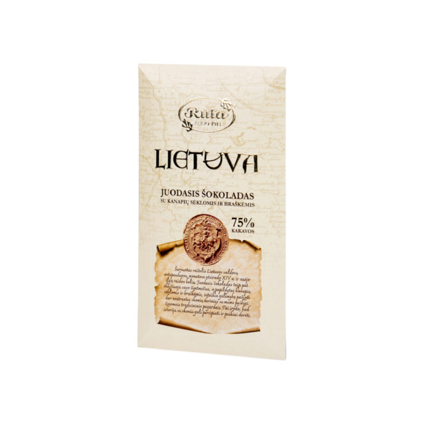 Dark chocolate RŪTA 75% with hemp seeds and strawberries, 90 g