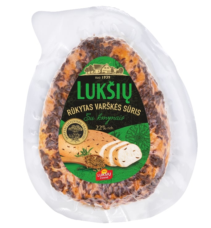 Smoked cottage cheese LUKŠIU, with cumin 22% fat. 230 g
