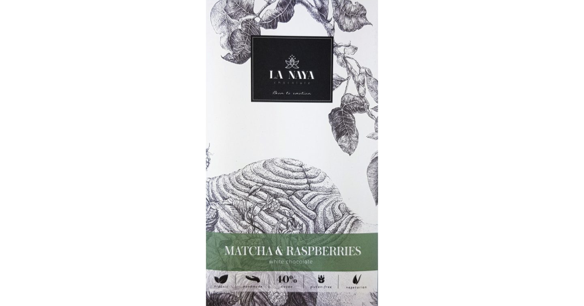 Organic white chocolate with matcha tea and raspberries