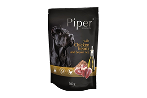 Visavertis maistas šunims su vištų širdimis ir rudaisiais ryžiais PIPER, 500 g