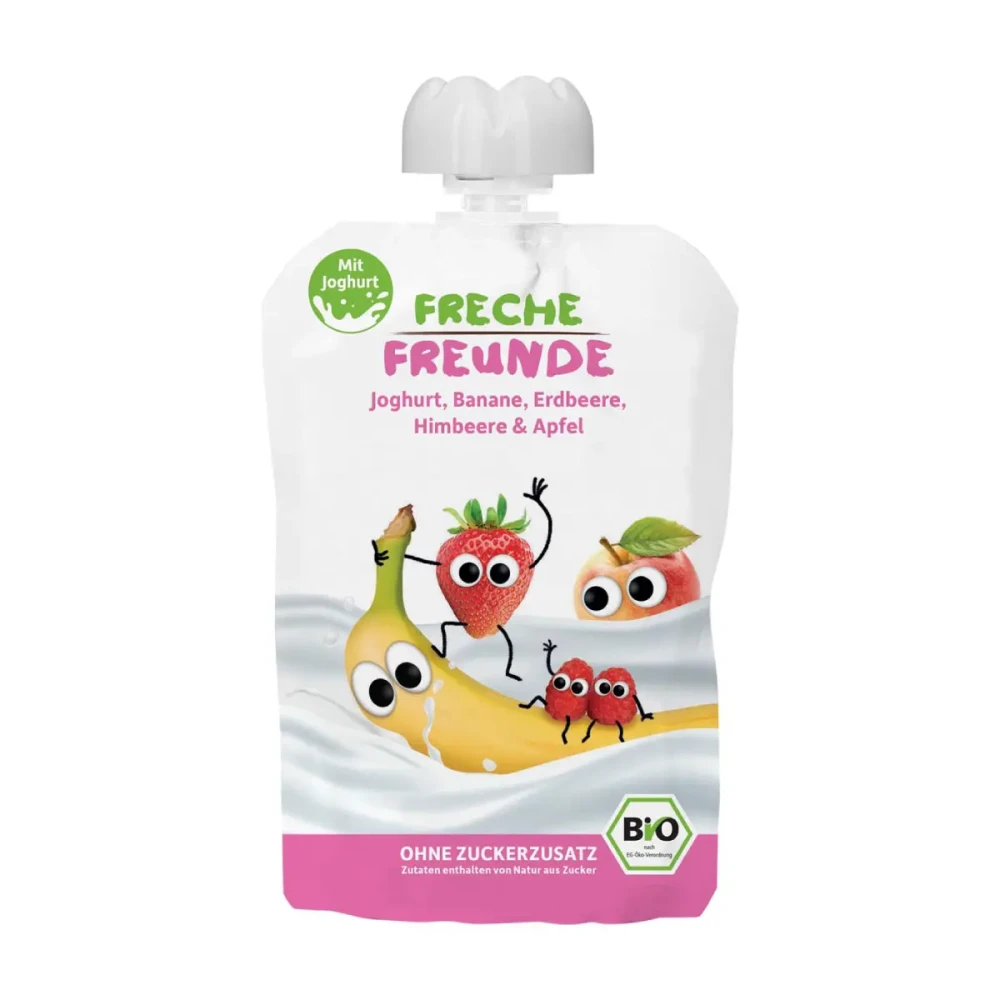 Jogurto, banano, braškių ir aviečių tyrelė, nuo 10 mėn., ekologiška