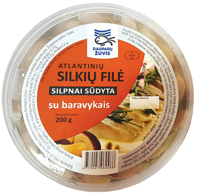 Silpnai sūdytos silkių filė gabaliukai aliejuje su baravykais, 200 g