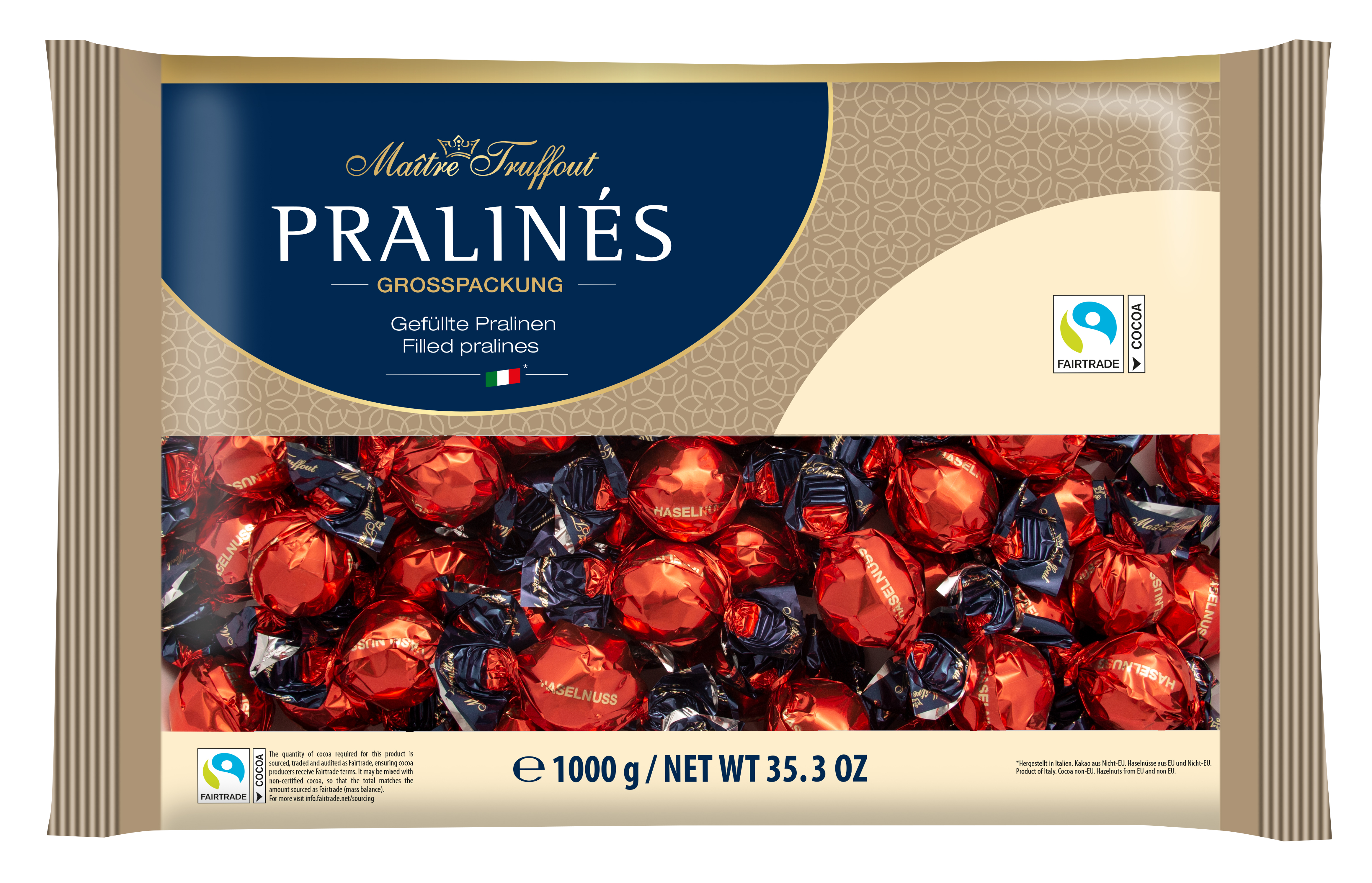Chocolate candies PRALINES, red/gold, with hazelnut cream, 1 kg