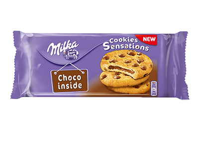 Sausainiai MILKA su pienininio šokolado gabaliukais ir pieninio šokolado įdaru, 156 g