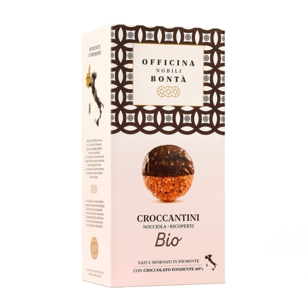 CROCCANTINI cookies with hazelnuts dipped in chocolate, organic