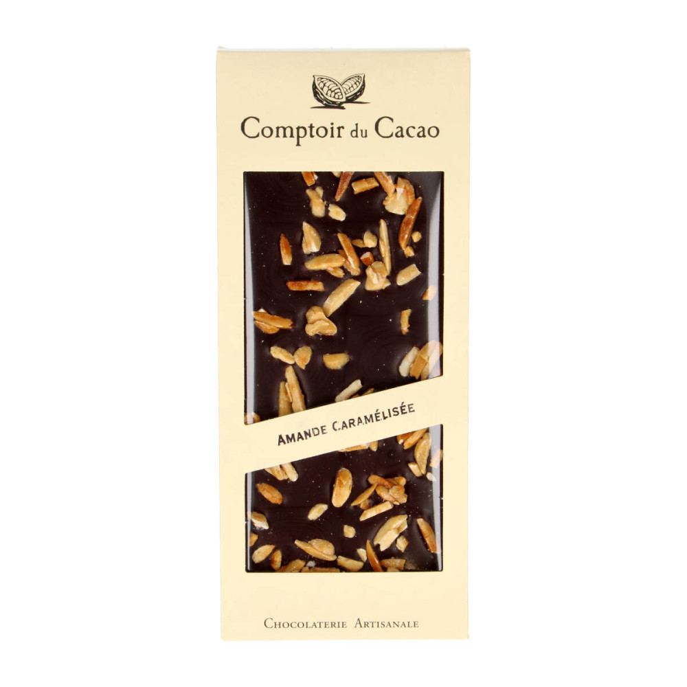 Dark chocolate with caramelized almond nuts, 72%