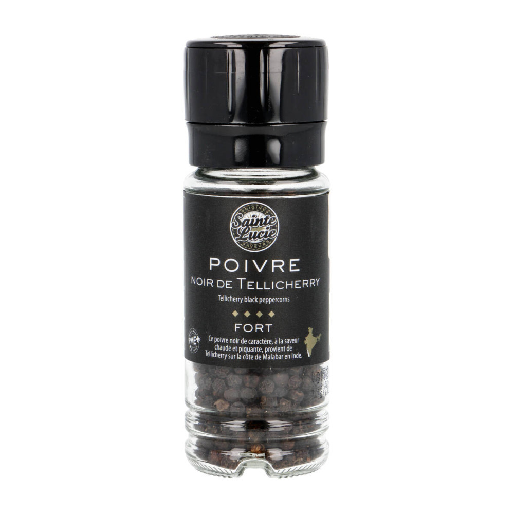 Black peppercorns NOIR DE TELLICHERRY, in a grinder