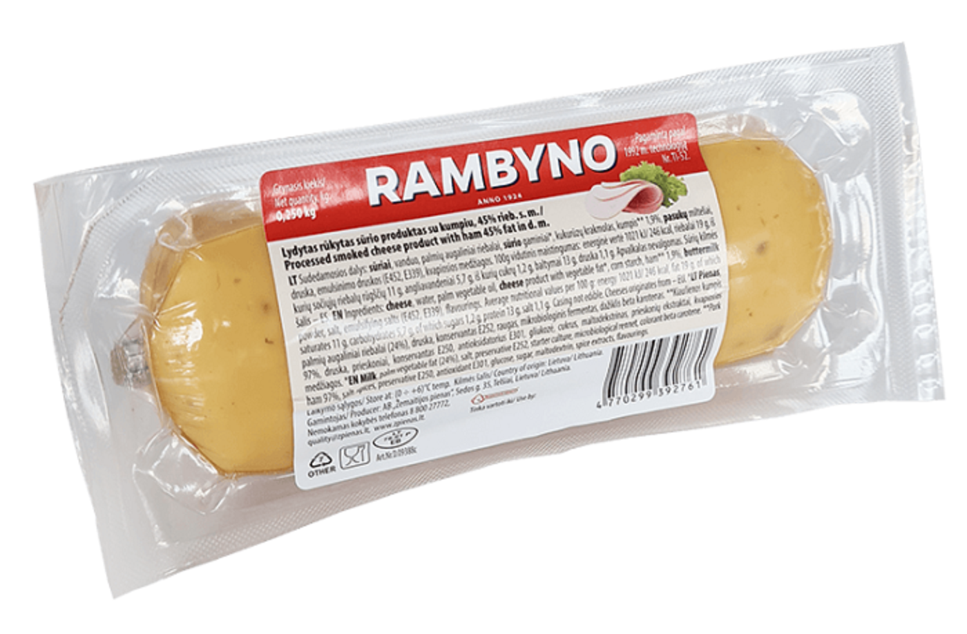 Melted smoked cheese RAMBYNO, with ham, 45%, 250 g