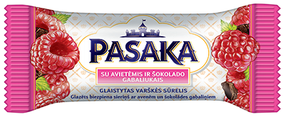 Glaistytas sūrelis PASAKA su avietėmis ir šokolado gabaliukais, 23 % rieb., 45 g