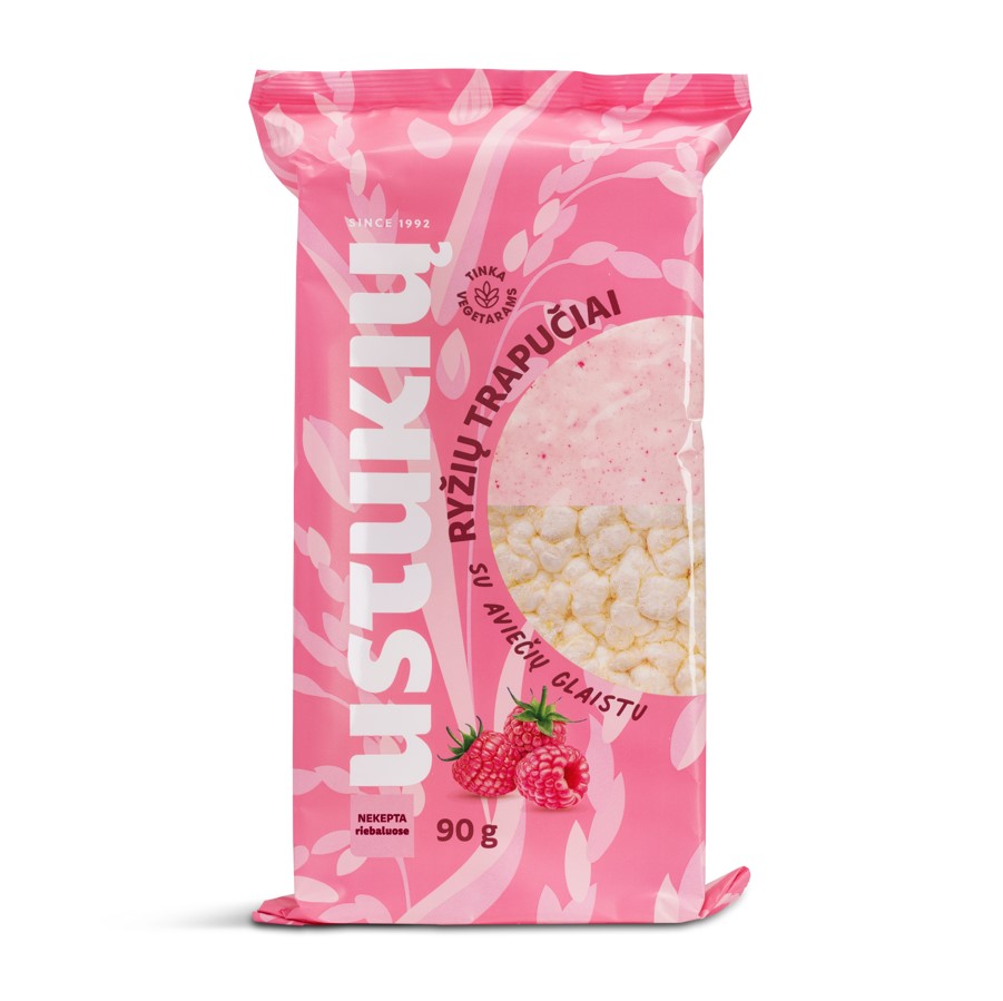 Rice crackers USTUKIU MALŪNAS, with raspberry glaze, 90 g
