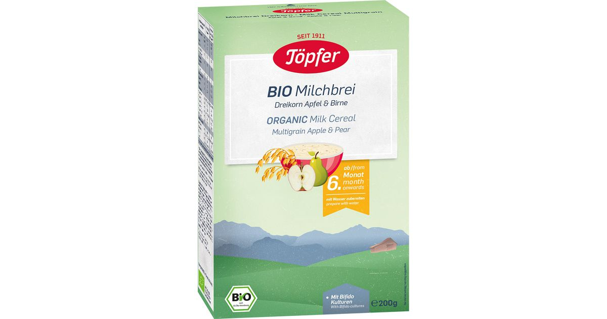 Multi-grain dairy porridge with apples and pears for babies from 6 months, organic