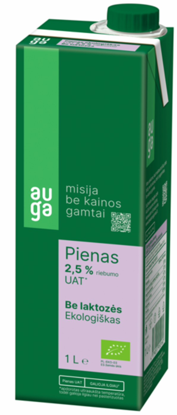 AUGA organic milk UHT lactose free 2,5% fat, 1L, LT-EKO-001