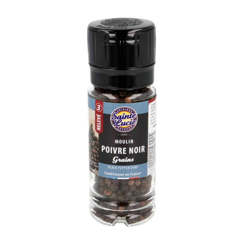 Black peppercorns POIVRE NOIR, in a grinder