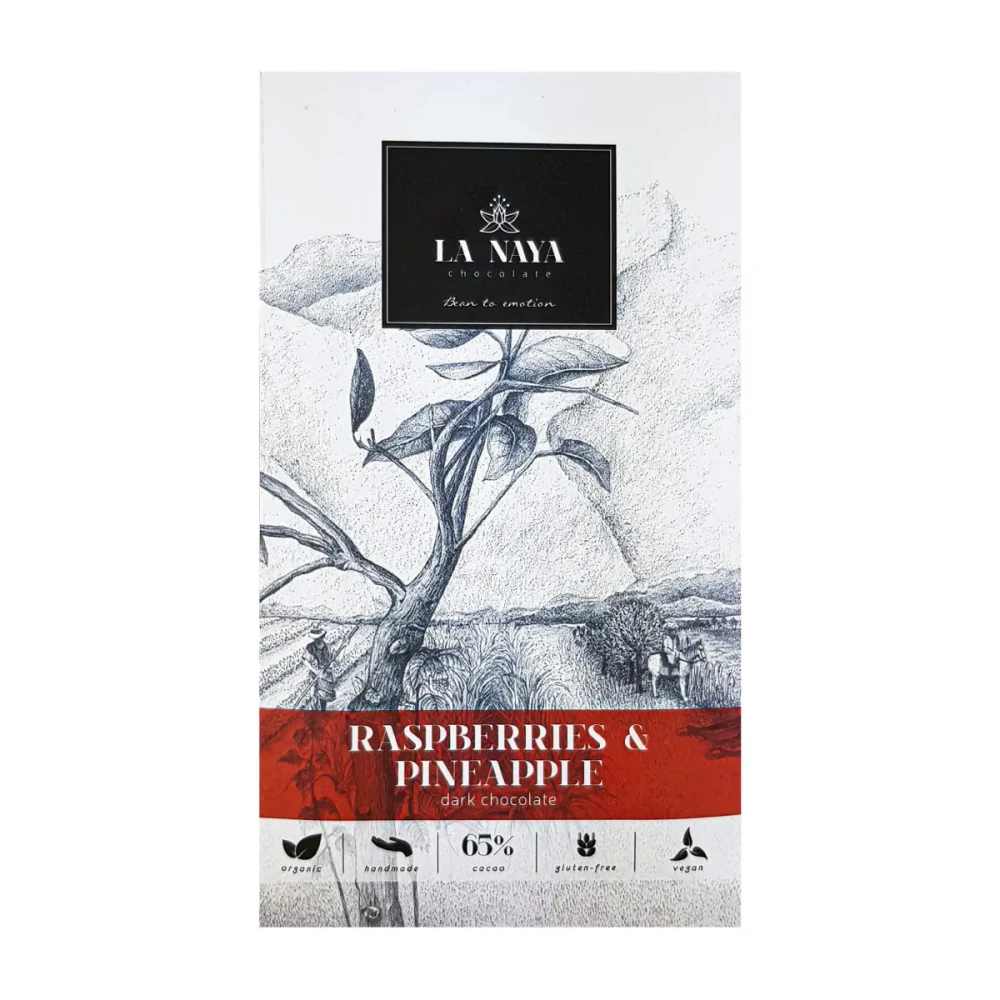 Organic 65% dark chocolate with raspberries and pineapples